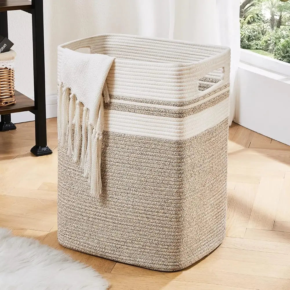 Laundry Hamper-Laundry Basket,Tall Cotton Storage Basket With Handles,Decorative Blanket Basket For Living Room,Collapsible