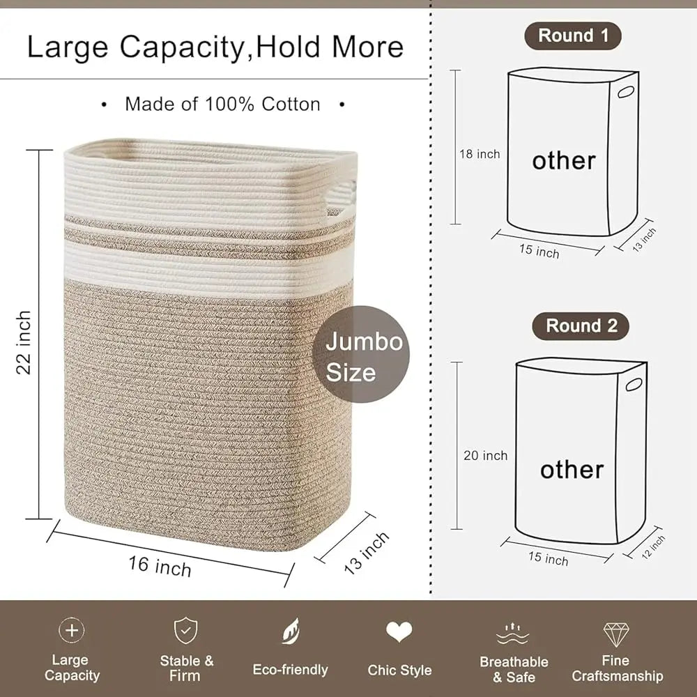 Laundry Hamper-Laundry Basket,Tall Cotton Storage Basket With Handles,Decorative Blanket Basket For Living Room,Collapsible
