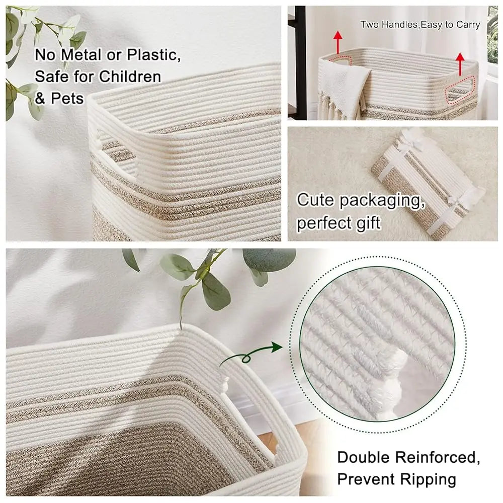 Laundry Hamper-Laundry Basket,Tall Cotton Storage Basket With Handles,Decorative Blanket Basket For Living Room,Collapsible