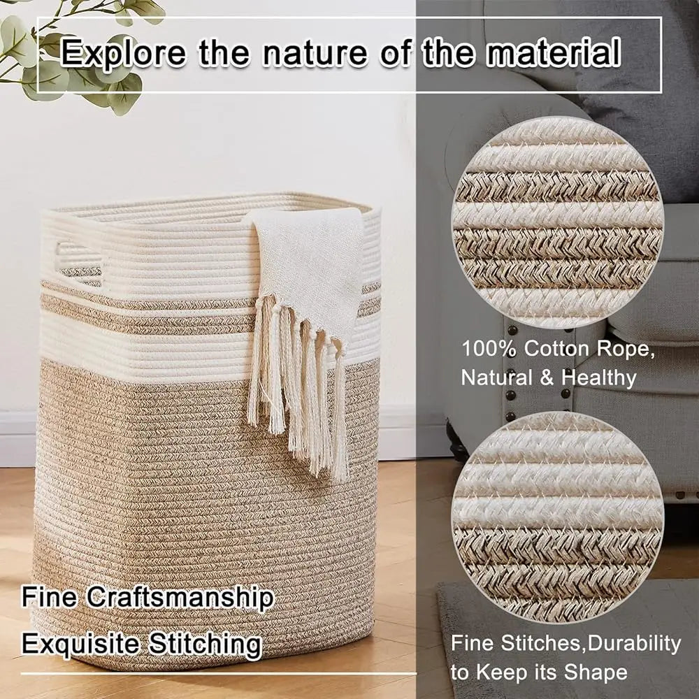 Laundry Hamper-Laundry Basket,Tall Cotton Storage Basket With Handles,Decorative Blanket Basket For Living Room,Collapsible
