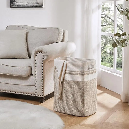 Laundry Hamper-Laundry Basket,Tall Cotton Storage Basket With Handles,Decorative Blanket Basket For Living Room,Collapsible