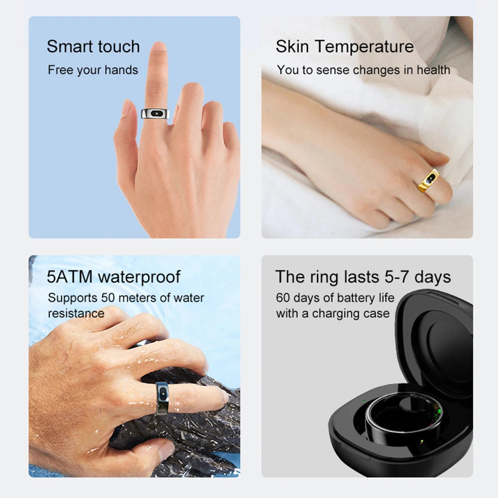 Smart Ring R08 Blood Oxygen Pressure Health Monitor With Charging Case Health and Sleep Monitor Sports Fitness Tracker for Phone