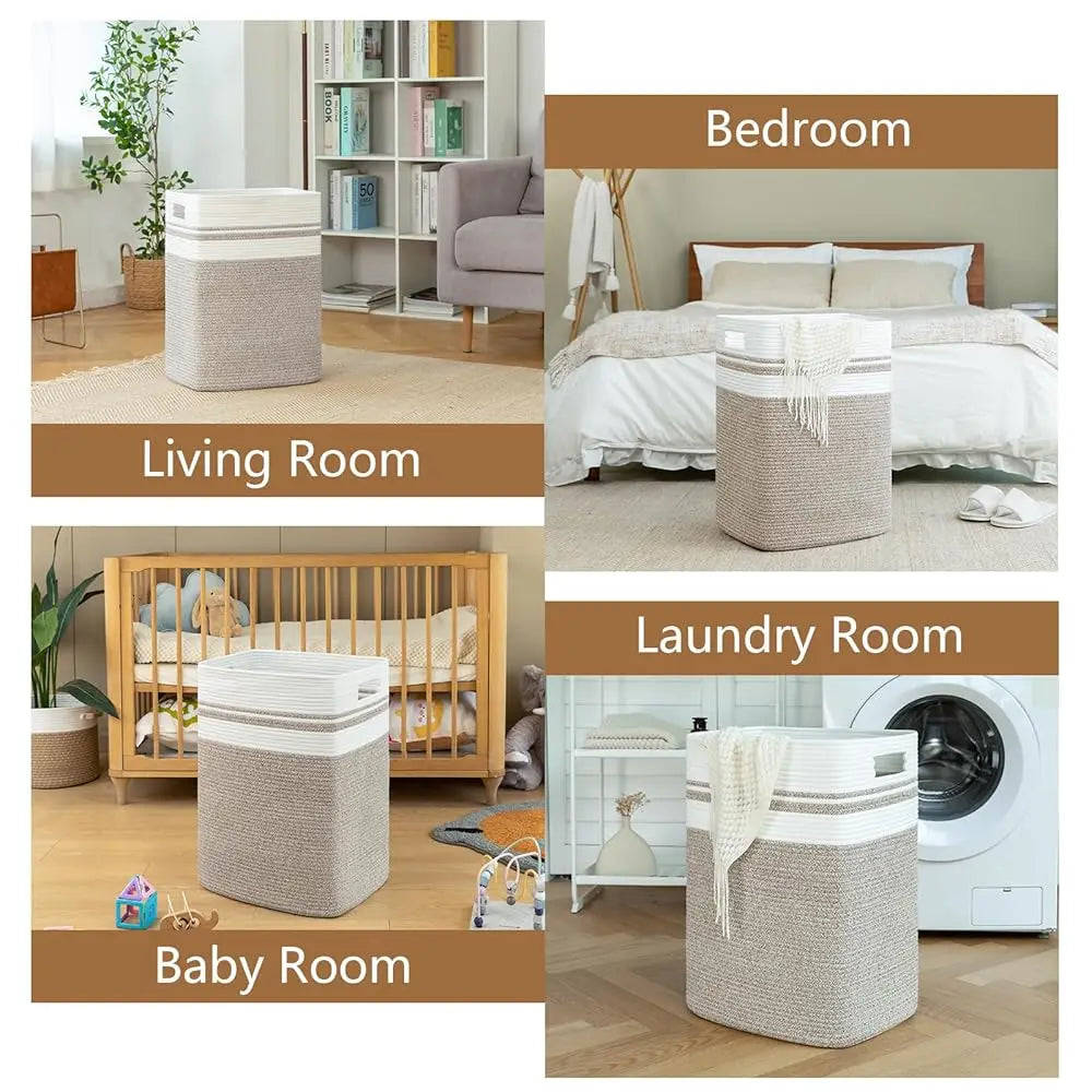 Laundry Hamper-Laundry Basket,Tall Cotton Storage Basket With Handles,Decorative Blanket Basket For Living Room,Collapsible